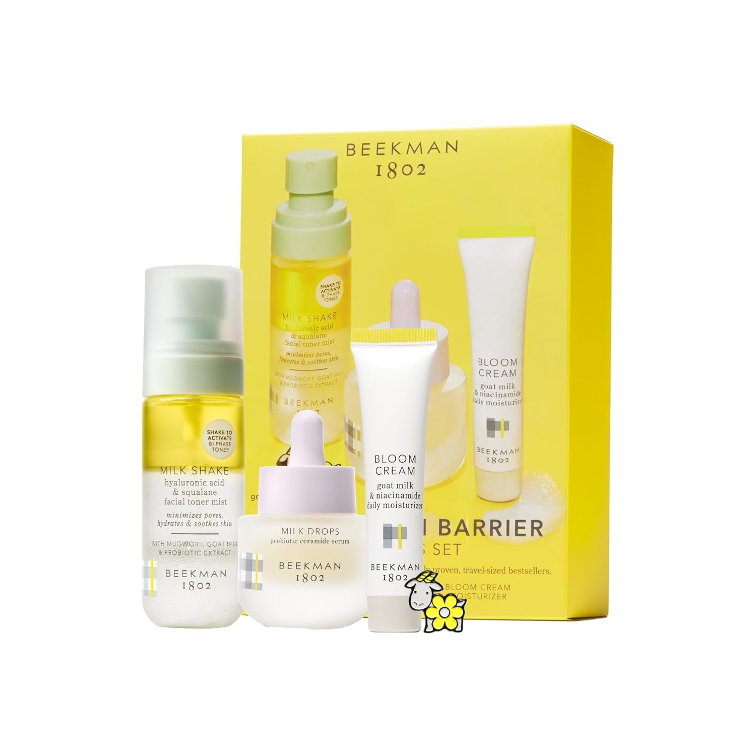 Beekman 1802 Goat Milk Minis “Kid” Skincare Set - Squalene Toner, Ceramide Serum, Barrier Repairing Moisturizer - Travel-Friendly - Fragrance Free - Cruelty Free