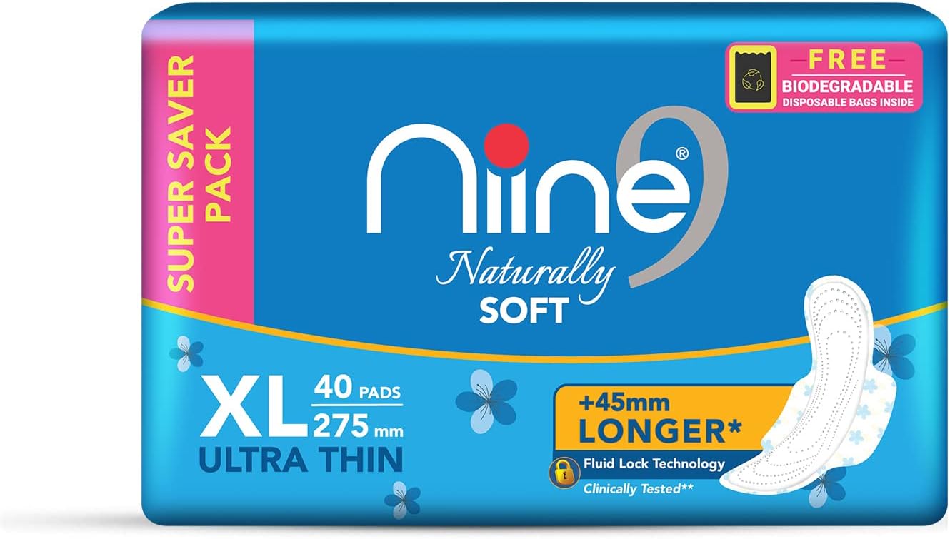 Naturally Soft Ultra Thin XL Sanitary Pads for Women| 40 Pads, Pack of 1| 275mm Long| Cottony Soft Top Cover| Fast Absorption| With Fluid Lock Gel Technology| With Free Biodegradable Disposable