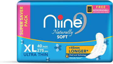 Naturally Soft Ultra Thin XL Sanitary Pads for Women| 40 Pads, Pack of 1| 275mm Long| Cottony Soft Top Cover| Fast Absorption| With Fluid Lock Gel Technology| With Free Biodegradable Disposable