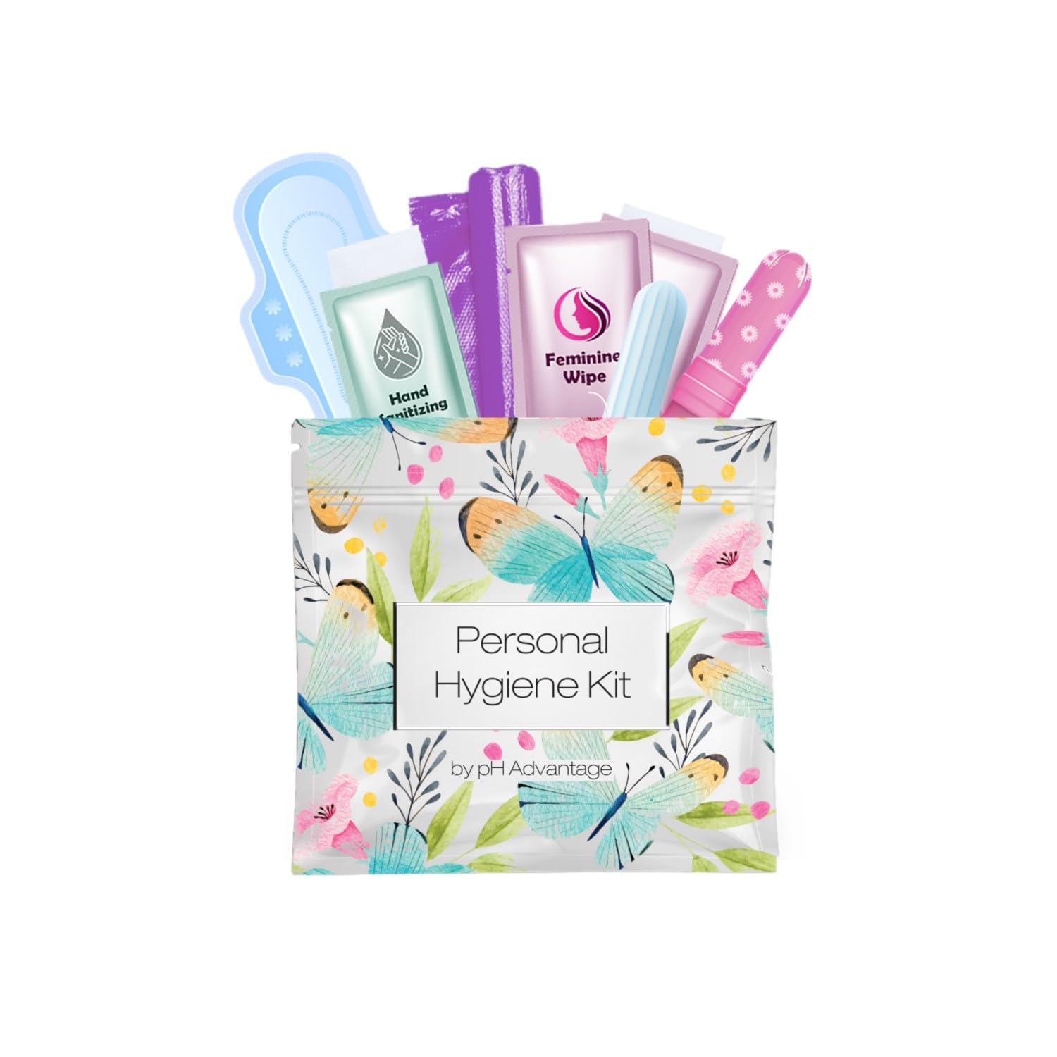 Menstrual Kit All-in-One | Convenience on The Go | Single Period Kit Pack for Travelling, Tweens & Teenagers | Individually Wrapped Feminine Hygiene Products (Butterflies) (Single)