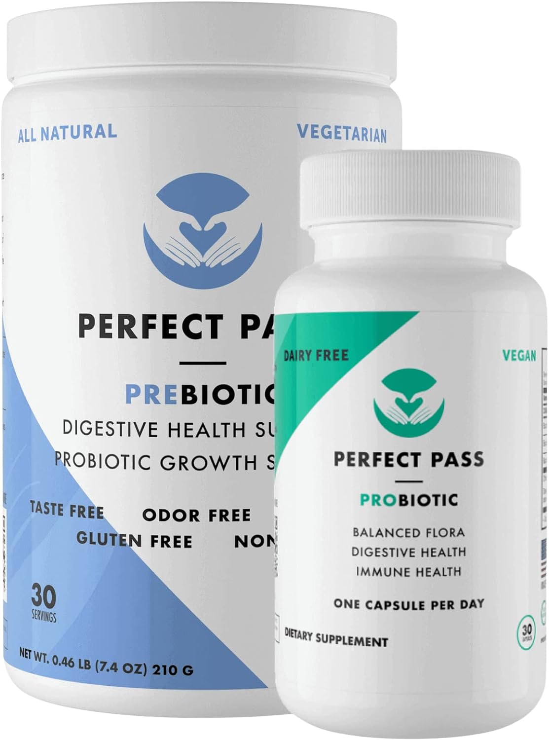 PERFECT PASS Prebiotics and Probiotics for Digestive Health, Capsule and Powder Supplement Bundle for Adults, Natural Bacillus Strains with PHGG for Gut and Digestive Wellness