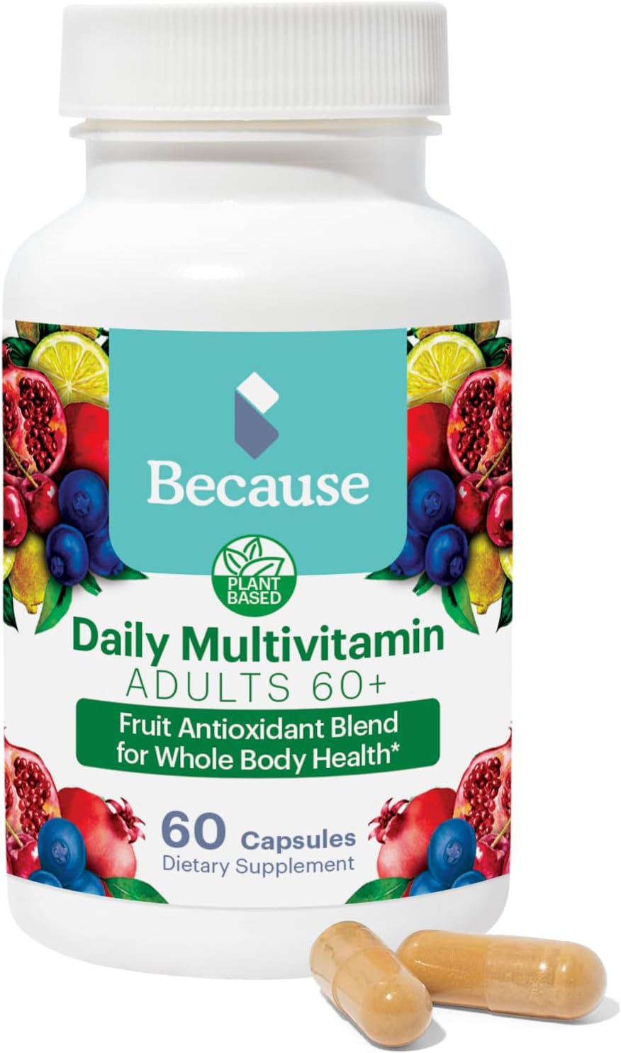 Because Multivitamin Adults 60+, Multimineral Supplement, C, And B-Vitamins, Gluten Free, Non-Gmo Capsules, Supports Memory & Vitality, Iron Free - 600Mg Serving