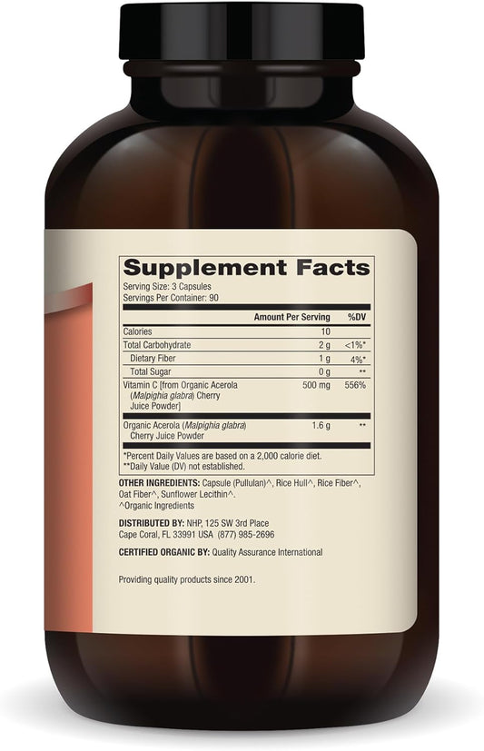 Dr. Mercola Organic Vitamin C Acerola Cherry, 90 Servings (270 Capsules), 500 Mg Per Serving, Dietary Supplement, Supports Healthy Immune Function, Non-Gmo, Certified Usda Organic