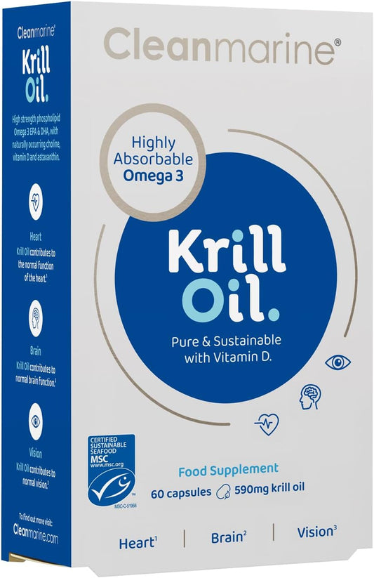 Cleanmarine Krill Oil – Packed With Epa & Dha – Omega 3 With Added Astaxanthin And Choline – Vitamin D – Heart, Eye & Brain Health – Joint & Immune Support - 60 Capsules