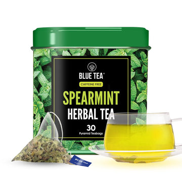 Blue Tea - Spearmint Tea - 30 Tea Bags (Plant Based) | Anti-Oxidant Rich | Caffeine Free - Non-Bitter - Herbal Tea | Natural Ingredients | Leaf Based - Mood Relaxing | Tin Pack