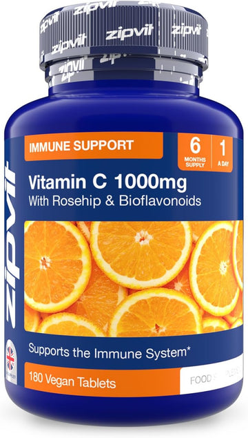 Zipvit Vitamin C 1000Mg, 180 High Strength Vitamin C Tablets With Rosehip & Bioflavonoids, Vegan Vit C Supplement, Supports The Immune System And Reduction Of Tiredness And Fatigue