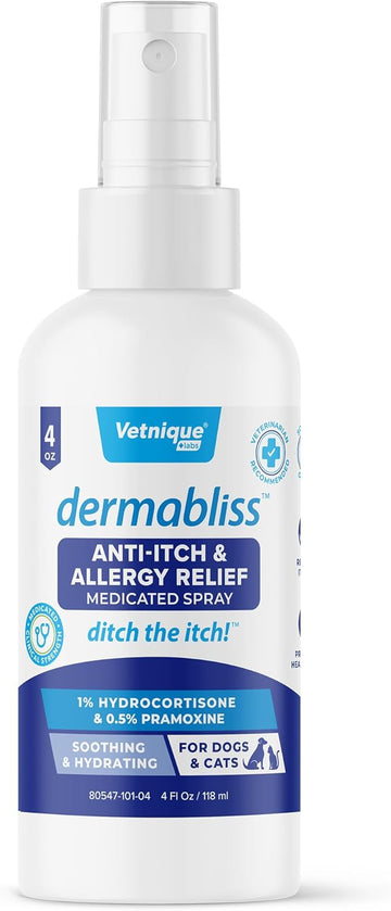 Vetnique Dermabliss Anti Itch Spray For Dogs & Cats With Hydrocortisone For Allergies And Immediate Dog Itching Skin Relief - Fragrance Free With Soothing Oat Extract (4Oz Anti Itch Spray)