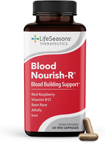 LifeSeasons Blood Nourish-R - Iron Supplement - Non Constipating - Supports Anemia, Fatigue, Paleness & Dizziness - Blood Building - Iron, Alfalfa, Raspberry & Vitamin B-12-60 Capsules