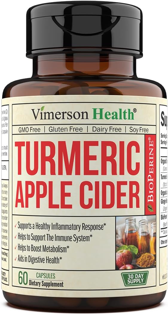 Organic Apple Cider Vinegar Capsules with Tumeric and Ginger for Joint Health, Metabolic & Digestive Support. 60 ACV Capsules. Turmeric Apple Cider Vinegar Supplements Made in the USA. Vegan & Non-GMO