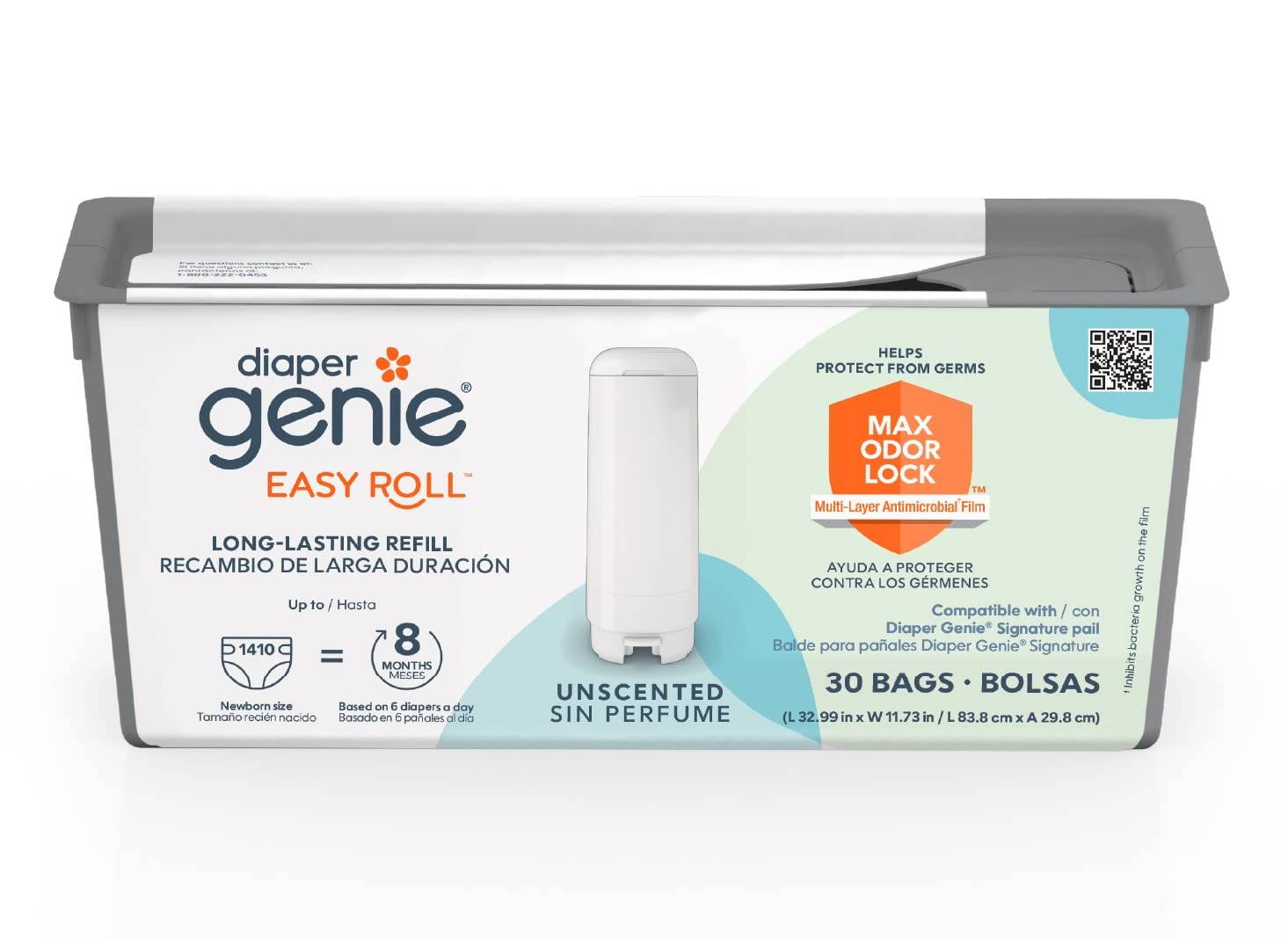 Diaper Genie Easy Roll Refill With 30 Bags | Lasts Up To 8 Months Or Holds Up To 1410 Newborn Diapers Per Refill