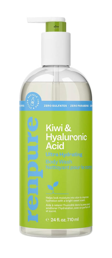 Renpure Kiwi And Hyaluronic Acid Ultra Hydrating Body Wash - Leaves Skin Moisturized - Rids Skin Of Daily Grime - Gentle Formula - Dye And Paraben Free - Recyclable, Pump Bottle Design - 24 Fl Oz