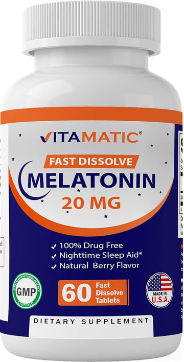 Vitamatic Melatonin 20mg Tablets | Vegetarian, Non-GMO, Gluten Free | 60 Fast Dissolve Tablets | Natural Berry Flavor |