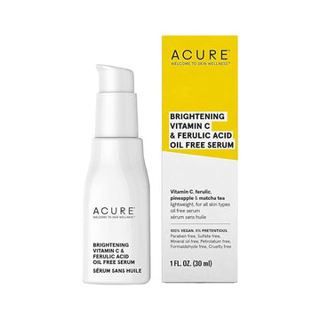 Acure Face Brightening Vitamin C & Ferulic Acid Serum - Day & Night Oil Free Glowing Facial Serum - Vitamin C, Ferulic Acid & Pineapple Extract For Natural Brighter Look - For All Skin Types 1 Fl Oz