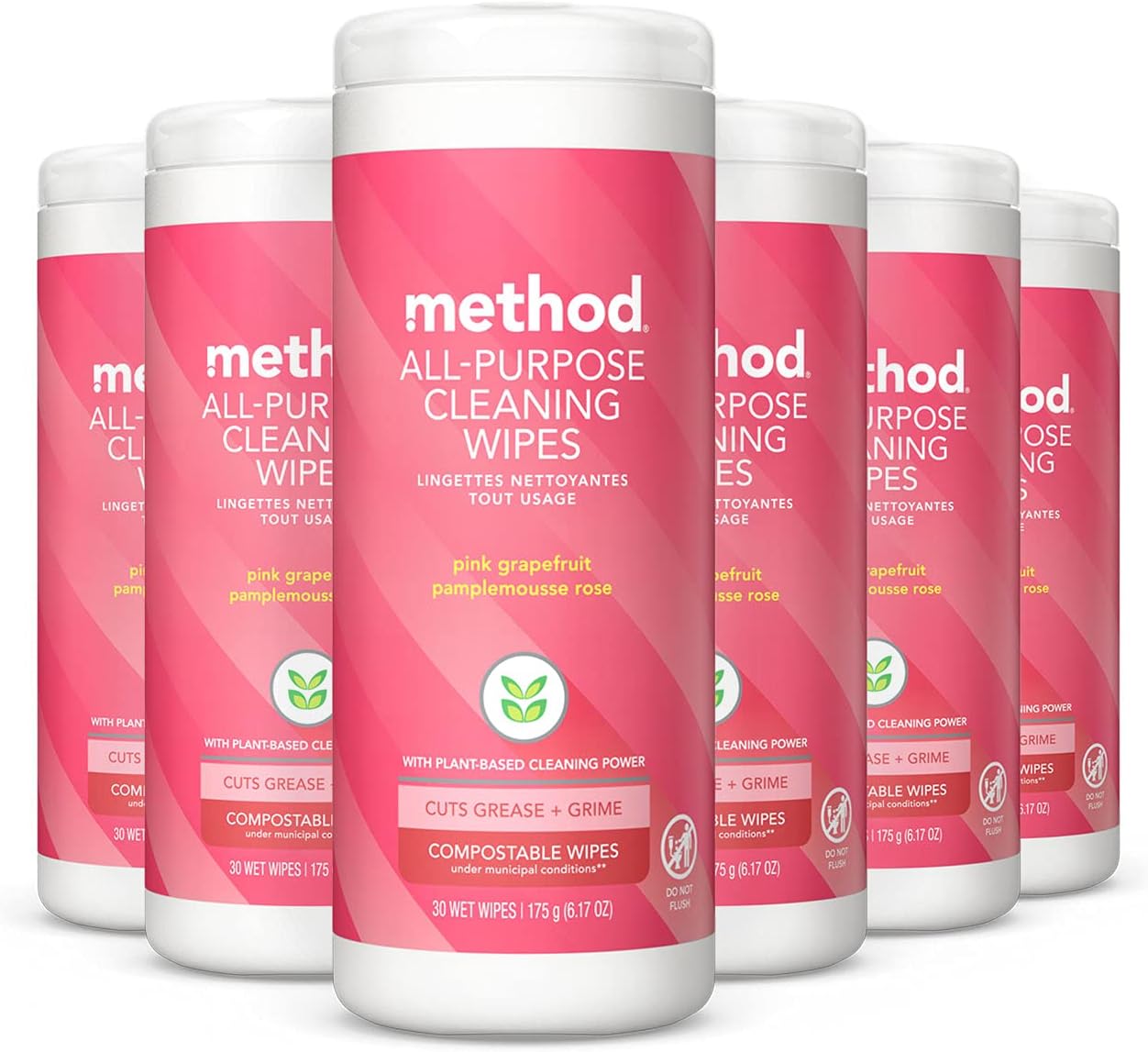 Method All-Purpose Cleaning Wipes, Pink Grapefruit, Multi-Surface, Compostable, 30 Count (Pack Of 6)