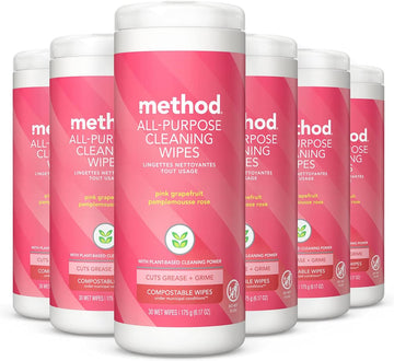 Method All-Purpose Cleaning Wipes, Pink Grapefruit, Multi-Surface, Compostable, 30 Count (Pack Of 6)