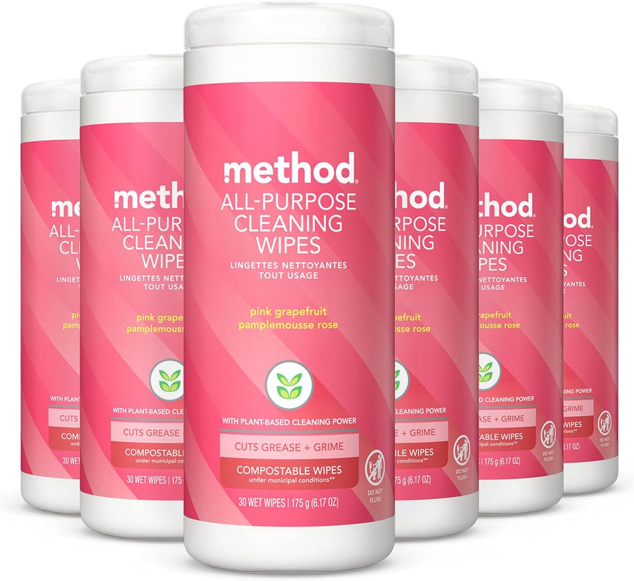 Method All-Purpose Cleaning Wipes, Pink Grapefruit, Multi-Surface, Compostable, 30 Count (Pack of 6)