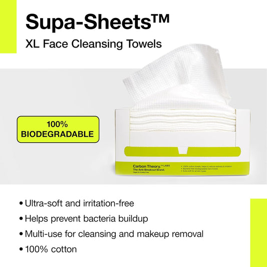 Carbon Theory Supa-Sheets Xl Facial Cleansing Towels - 50 X Biodegradable Face Towels Single-Use - Ultra-Soft 100% Cotton - Makeup Remover Cleansing Wipes