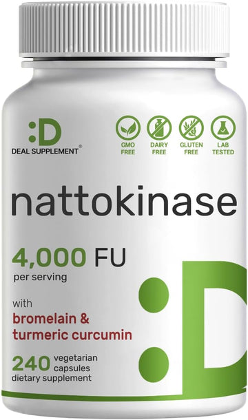Nattokinase 4,000 Fu Per Serving, 240 Veggie Capsules – Bromelain, Turmeric Curcumin, With Black Pepper Complex – Heart Health & Digestive Enzymes Supplement – Non-Gmo, Vegan
