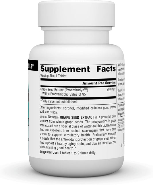 Source Naturals Grape Seed Extract, Proanthodyn 200 Mg Antioxidant Protection & Supports Healthy Aging Brain - 60 Tablets