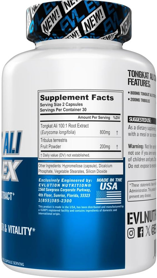 Evlution Nutrition Tongkat Ali - Men’S Health + Vitality Supplement - 800Mg Tongkat Ali + 200Mg Tribulus - Performance Support - Vegan + Gluten Free Capsules - 30 Servings