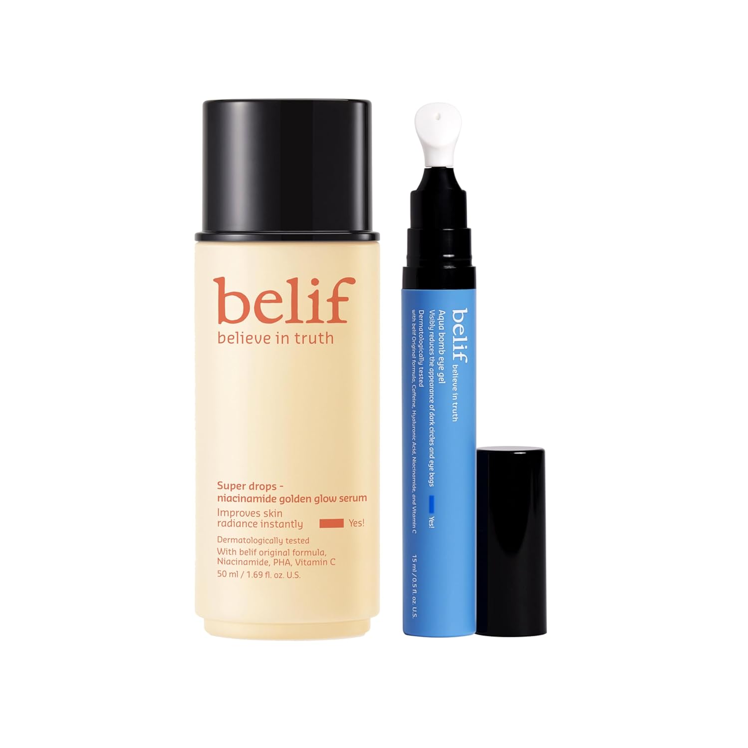 Belif Aqua Bomb Cooling Eye Gel & Super Drops Niacinamide Vitamin C Golden Glow Serum Bundle