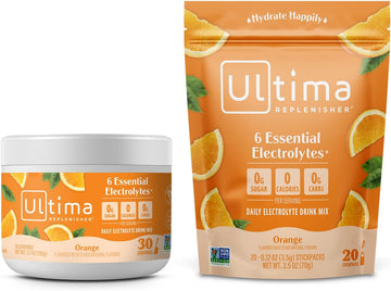 Ultima Replenisher Electrolyte Drink Mix Bundle – Orange, 30 Serving Canister & 20 Stickpacks – 6 Electrolytes & Minerals – Keto Friendly, Vegan, Non-Gmo & Sugar-Free Electrolyte Powder