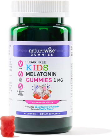 Naturewise Kids Melatonin 1 Mg Sugar-Free - Sleep Gummies For Children - Drug-Free Sleep Aid For Kids Ages 4 & Up - Strawberry Flavored - Vegan, Gluten Free, Non-Gmo - 60 Gummies[2-Month Supply]