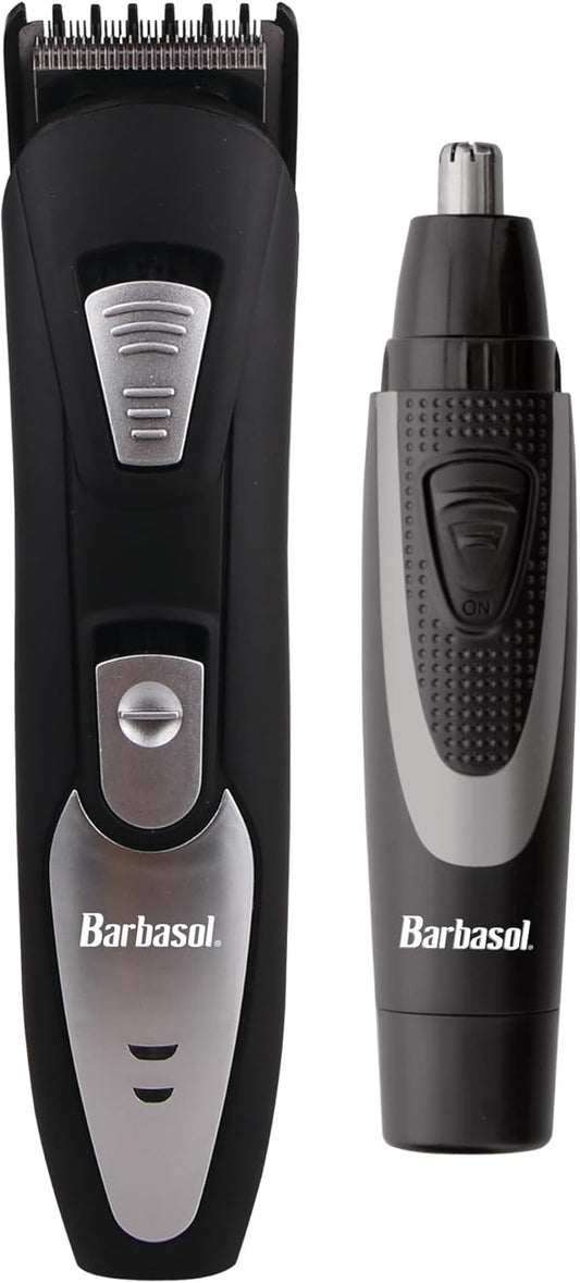 Barbasol Beard Trimmer For Men & Ear And Nose Trimmer Set, 2 In 1 Trimmer Set With Stainless Steel Blades, Rechargeable Beard Trimmer & Battery Powered Nose And Ear Trimmer Travel Set With Travel Bag