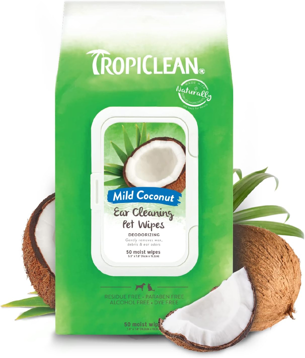 TropiClean Mild Coconut Dog Ears Cleaning Wipes | Ear Wipes for Dogs & Cats | Deodorizing Pet Ear Wipes Derived from Natural Ingredients | 50 Count