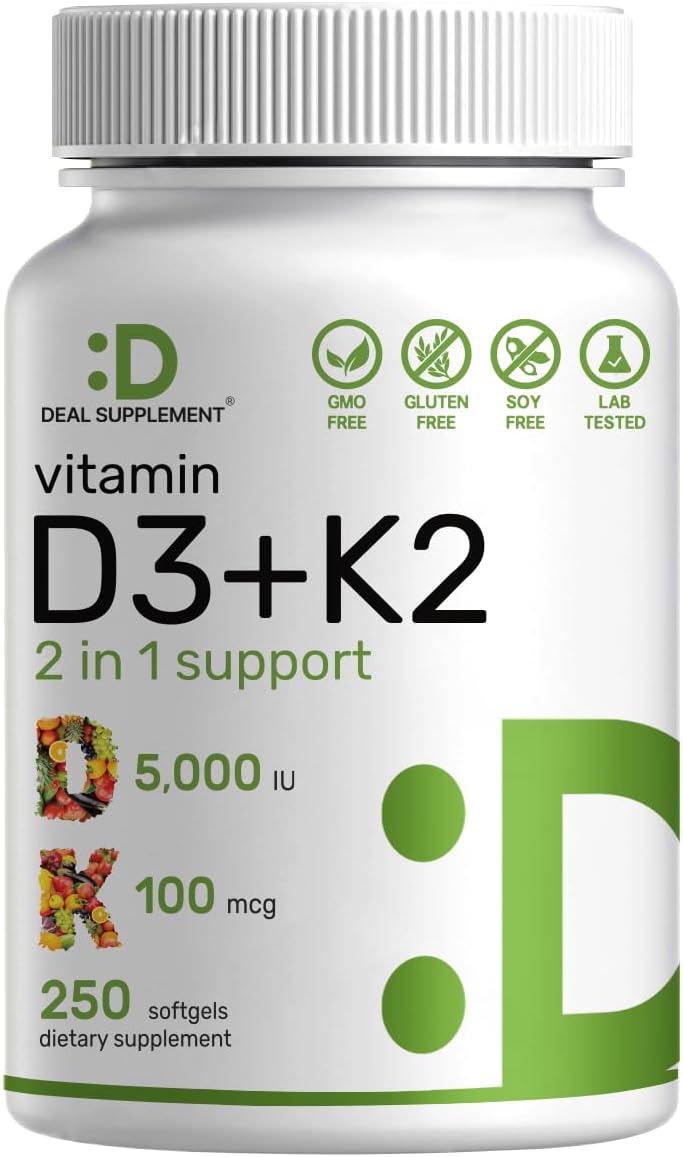 Deal Supplement Vitamin D3 K2 Softgel, 250 Count, 2-1 Complex, Vitamin D3 5000 Iu & Vitamin K2 Mk7, Promotes Heart, Bone & Teeth Health – Easy To Swallow
