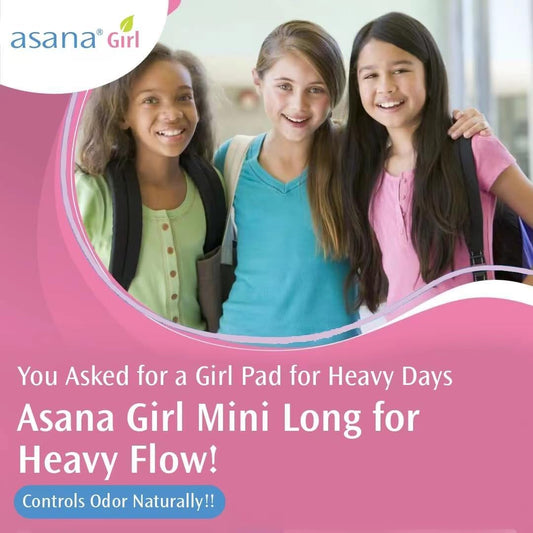 Asana Girl, Natural Teen Period Pads - Mini Long Heavy Flow with Wings, Chlorine Free, Fast Absorbency, Leak Guard (Tween, Teen 72 Count)