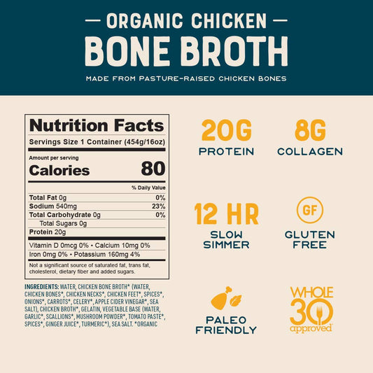 Organic Chicken Bone Broth By Bare Bones - Organic, Chicken Bone Broth, Protein-Rich, 1 Pound (Pack Of 6)