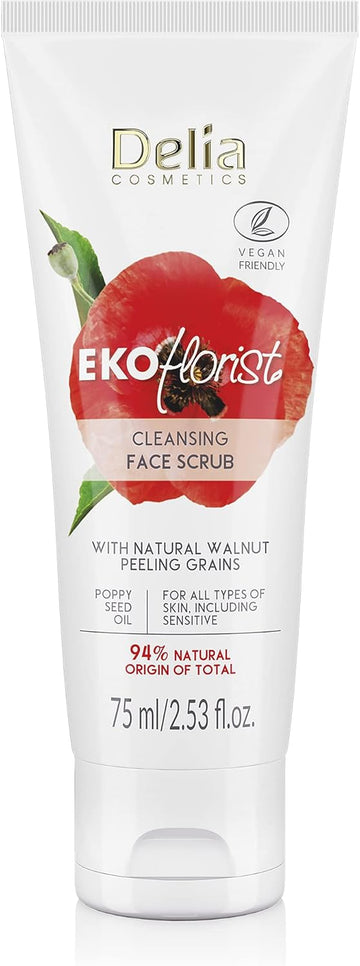 Delia Cosmetics - Ekoflorist - Cleansing Scrub - Vegan Peeling, Natural Cosmetic With Walnut Particles - For All Skin Types - Cleanses, Smoothes, Removes Dead Skin - 75Ml