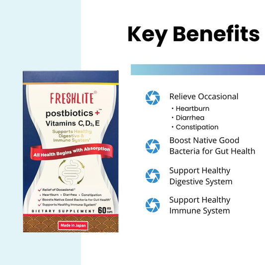 Premium Vegan Postbiotics For Gut Health | Ibs. Diarrhea. Bloating | Advanced Postbiotics Formula Beyond Pre & Probiotics | Vitamin C, D3 & E | Non-Gmo, Gluten-Free, 60 Capsules Japan Made