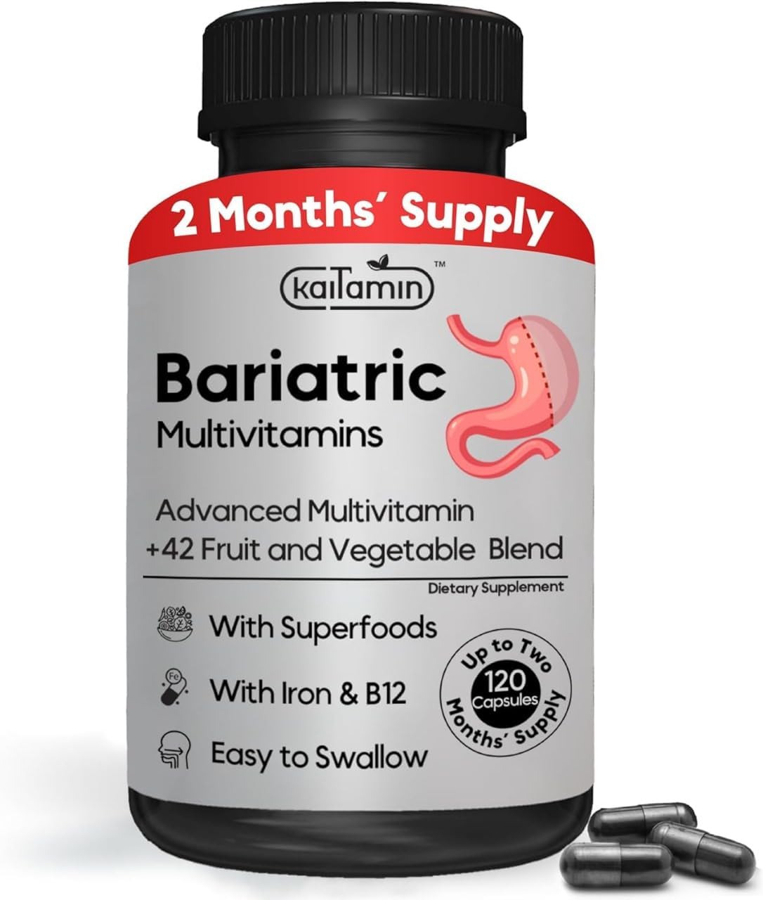 Bariatric Multivitamin With Iron – After Bariatric Surgery – Easy To Swallow – For Women & Men – Gastric Bypass & Sleeve Support – B12 + 42 Superfoods – 120 Caps – 2 Month Supply