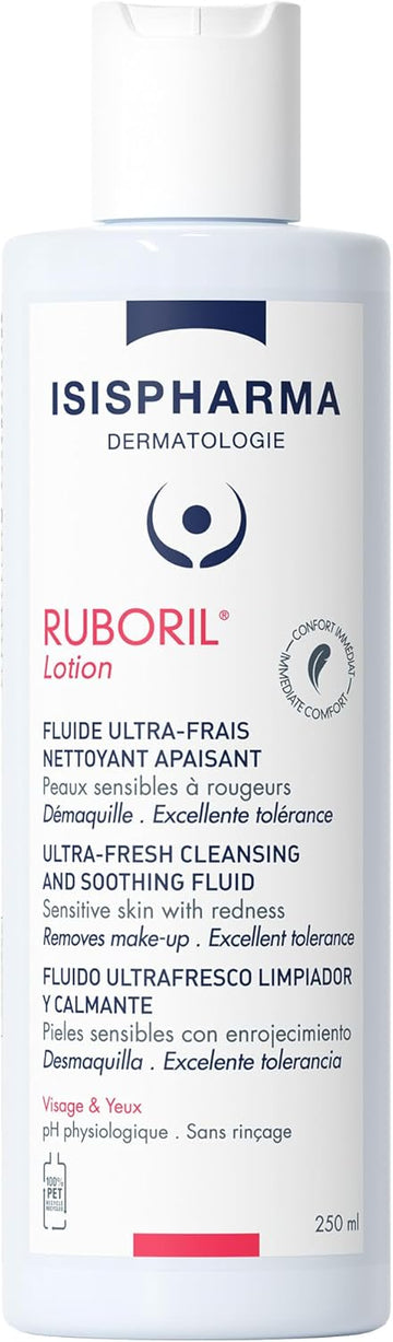 Isispharma Ruboril Cleansing Milk 250 Ml - Micellar For Sensitive And Blemished Skin - No Rinse Cleanser Face And Eyes - Makeup Remover Fragrance-Free - Glass Skin Effect - Made In France