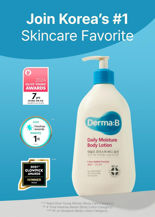 Derma B | Daily Moisture Body Lotion | Body Cream For Dry Skin | Long-Lasting Body Moisturizer For Sensitive Skin | Woody & Powdery Scented | Skincare With Panthenol, Shea Butter | 13.5 Fl Oz (400Ml)