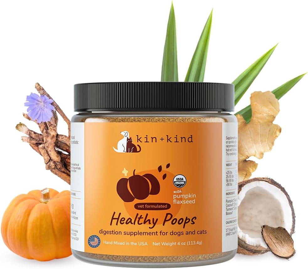kin+kind Organic Pumpkin Powder for Dogs & Cats for Healthy Poop - Made in USA - Natural Pumpkin Powder Formula w/Flax Seed, Ginger, Turmeric & Coconut - Nutritional Supplement - Small 4oz