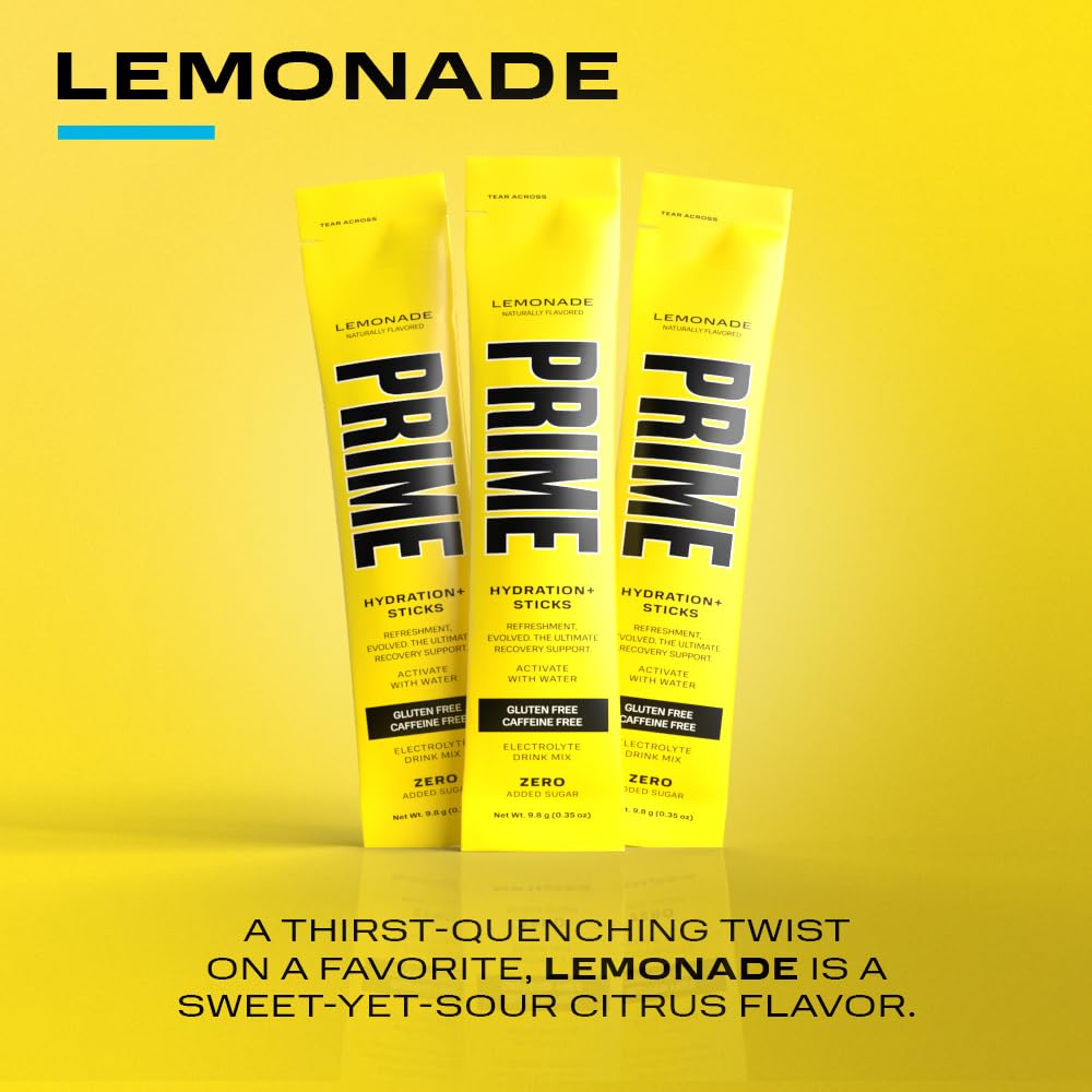 Prime Hydration+ Sticks Lemonade | Hydration Powder Single Serve Sticks | Electrolyte Powder On The Go | 250Mg Bcaas, B Vitamins, Antioxidants | Low Sugar | Caffeine-Free | Vegan | 48 Sticks