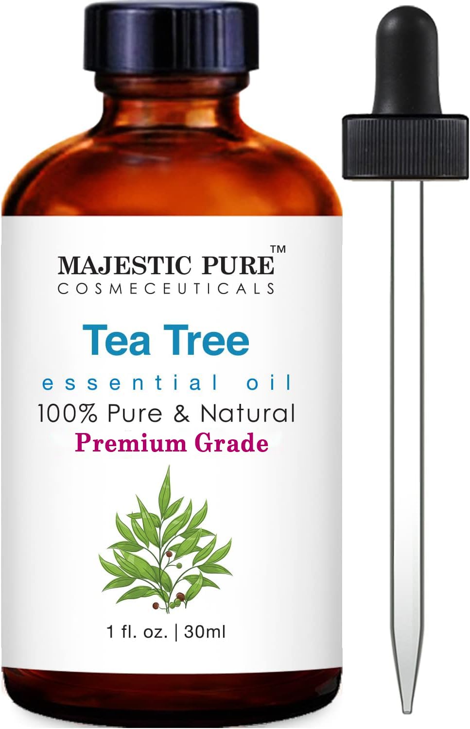 Majestic Pure Tea Tree Essential Oil - Pure, Natural and Premium Grade - Tea Tree Oil for Skin, Face, Hair, Nails, Acne, Scalp, Massage, Aromatherapy, Diffuser, Topical & Household Uses - 1 fl oz
