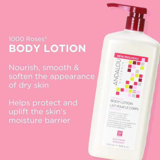 Andalou Naturals 1000 Roses Soothing Body Lotion, 32 Fl. Oz Value Size, Sensitive Skin Lotion With Cocoa Butter, Shea Butter, Aloe Vera & Rosehip Oil