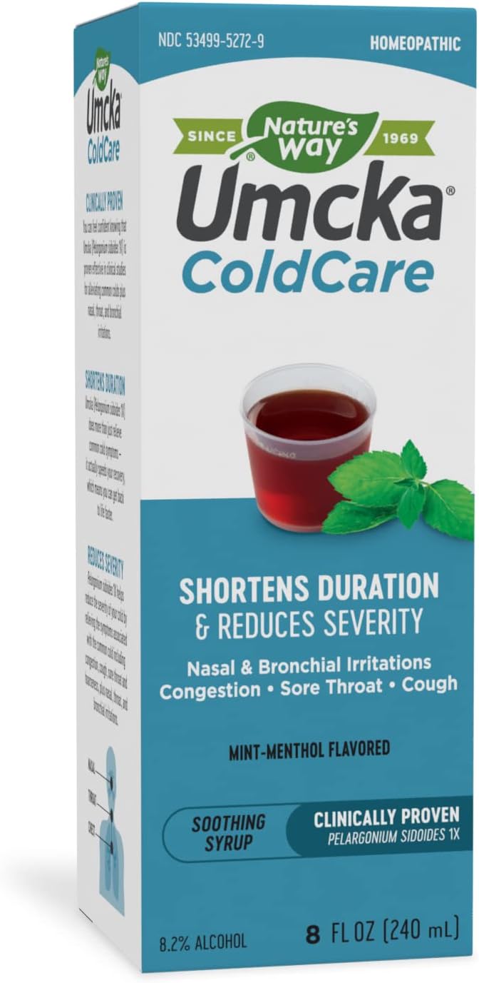 Nature'S Way Umcka Coldcare Homeopathic, Shortens Colds, Sore Throat, Cough, And Congestion, Phenylephrine Free, Non-Drowsy, Mint-Menthol Flavored, 8 Fl. Oz Syrup