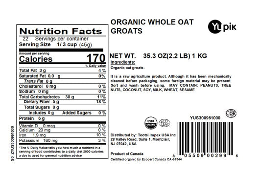Yupik Organic Oat Groats, 2.2 lb, Non-GMO, Vegan (Packaging may vary), Pack of 1