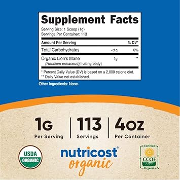 Nutricost Organic Lion's Mane Mushroom Powder 4 - Certified USDA Organic