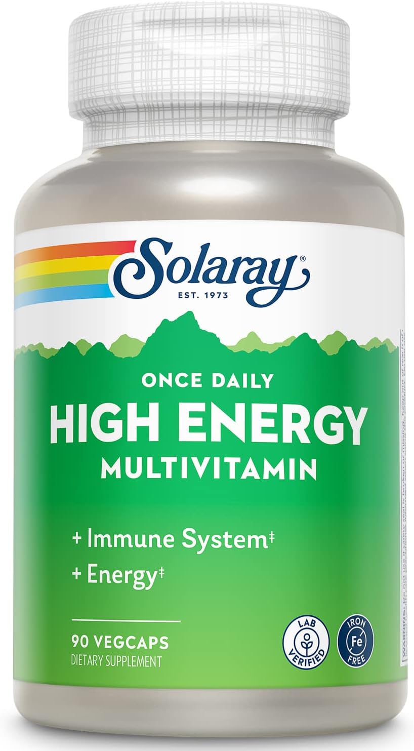 SOLARAY Once Daily High Energy Multivitamin, Iron Free, Immune System and Energy Support, Whole Food and Herb Base Ingredients, Men?s and Women?s Multi Vitamin (90 Servings, 90 VegCaps)