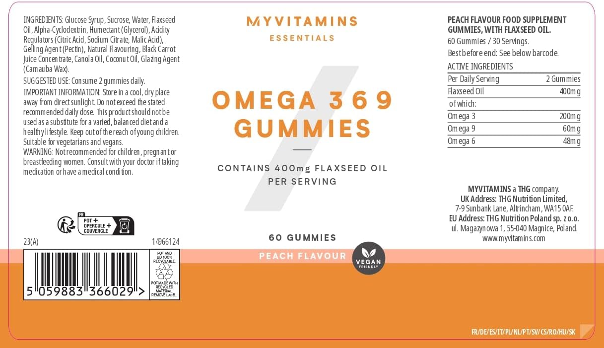 Myprotein Omega 3-6-9 Peach Flavored Gummies – Vegan Omega Supplement with Flaxseed & Borage Oil – Essential Fatty Acids for Heart, Brain, Joint & Eye Health – 60 Chewable Gummies : Amazon.co.uk: Health & Personal Care