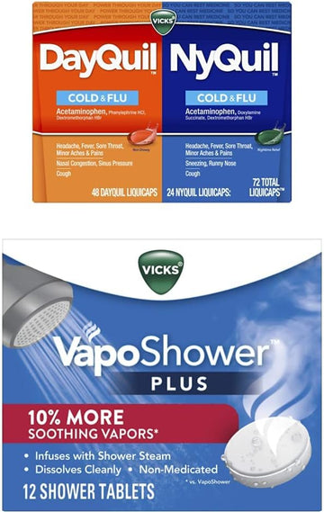 Vicks Vaposhower Plus, Shower Bomb Tablet, Extra Strong Soothing Vapor, Dayquil & Nyquil Liquicaps, Cough, Cold, Flu, Sore Throat, Fever & Congestion, 72 Liquicaps (48 Dayquil, 24 Nyquil)