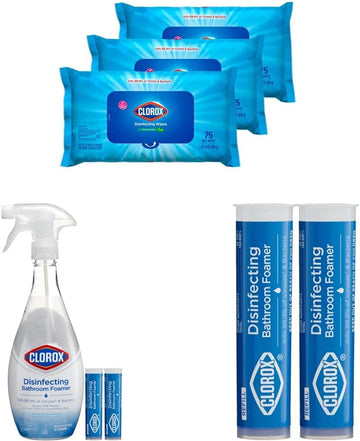 Clorox Disinfecting Value Pack, 3X 75Ct Clorox Disinfecting Wipes With Easy Pull Moisture Seal Lid And Clorox Disinfecting Bathroom Foamer Spray Starter Kit With 1 Reusable Bottle Plus Four Refills