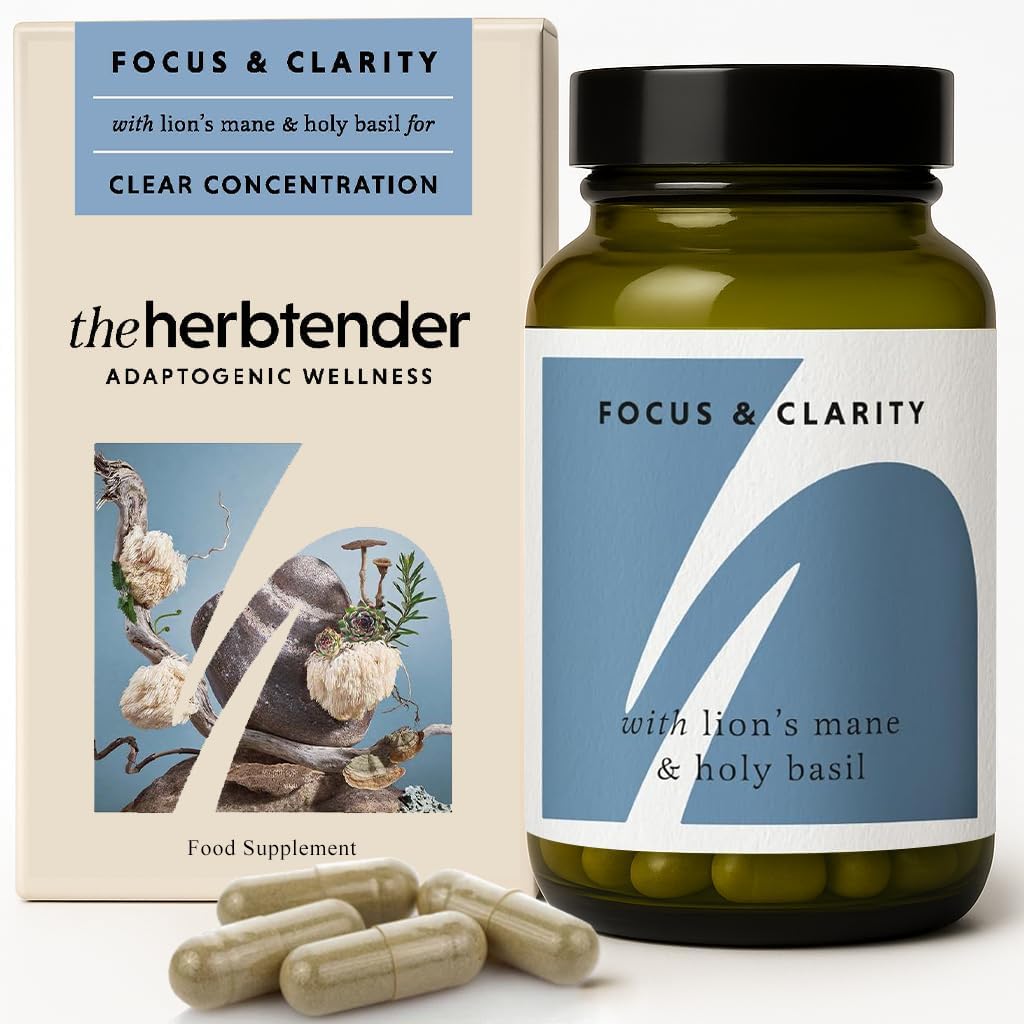 The Herbtender Focus & Clarity – Lion'S Mane Focus Supplement With Holy Basil, Rosemary & Adaptogens For Memory, Concentration & Cognitive Support, Vegan, Organic Capsules, 60 Capsules