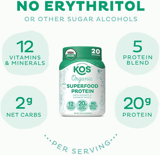 Kos Vegan Protein Powder, Unflavored & Unsweetened - Low Carb Pea Protein Blend, Organic Superfood Rich In Vitamins & Minerals - Keto, Soy, Dairy Free - Meal Replacement For Women & Men - 20 Servings